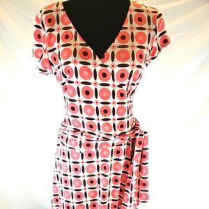 AB STUDIO Peach And Brown Midi Short Sleeve Wrap Dress With A Tie Sz M